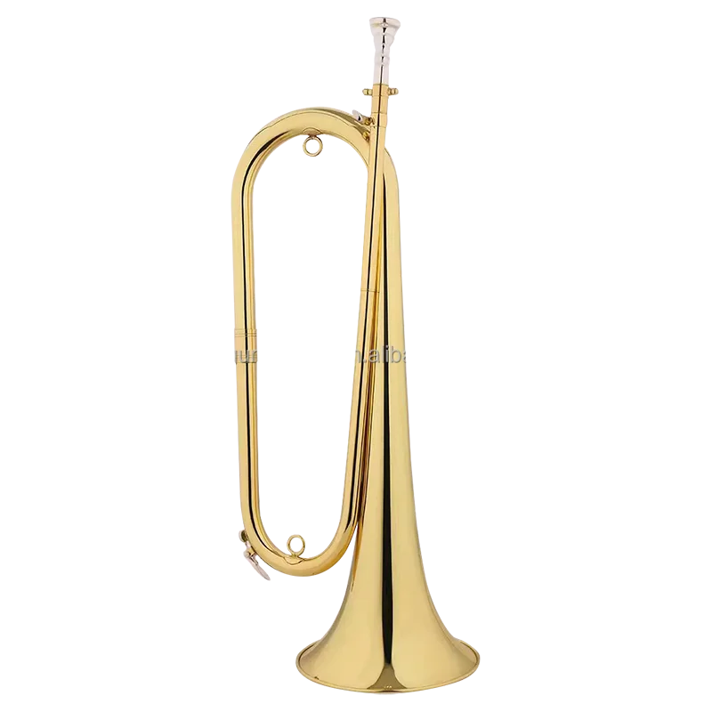 

Cheap Brass Body with Gold Lacquer Surface Simple Design Bugle Horn Bb Key Musical Horn Gold Bugle Trumpet
