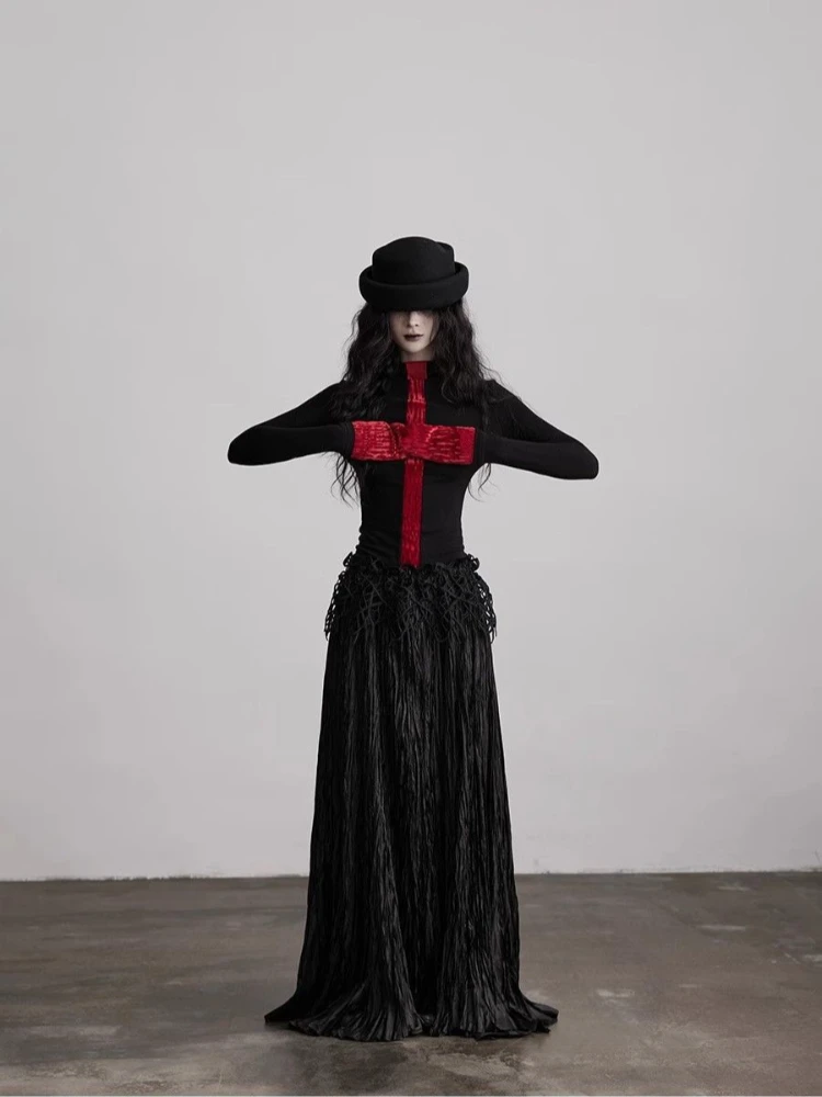

2025 Women's Gothic Red Velvet Cross Top - Slim Long Sleeve Shirt Vintage Edgy Dark Streetwear for Autumn Winter EMO