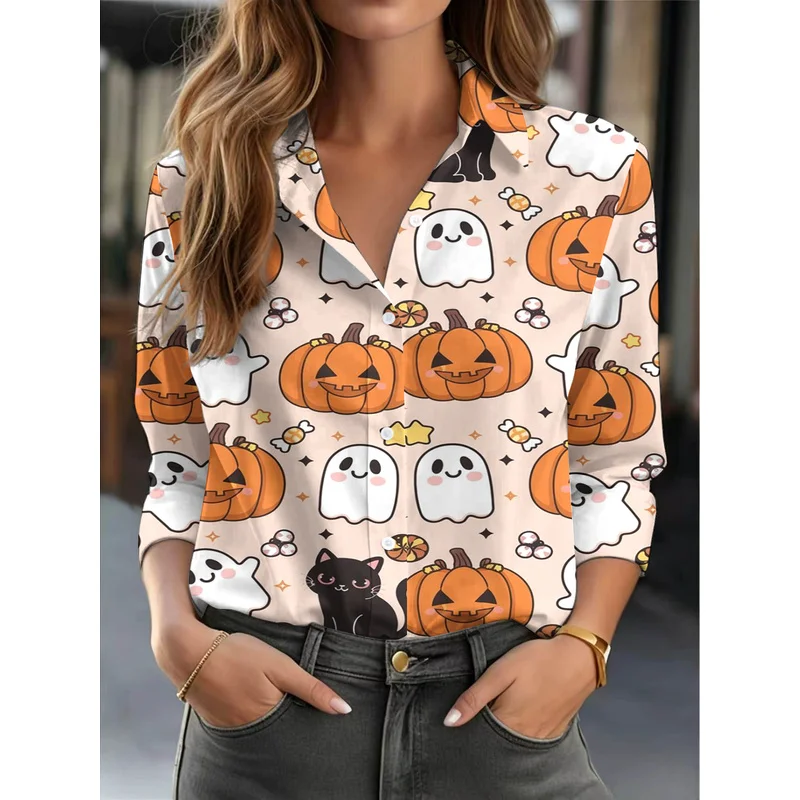 Halloween-themed fun print women's long-sleeve casual top with unique eye-catching design versatile for daily commuting