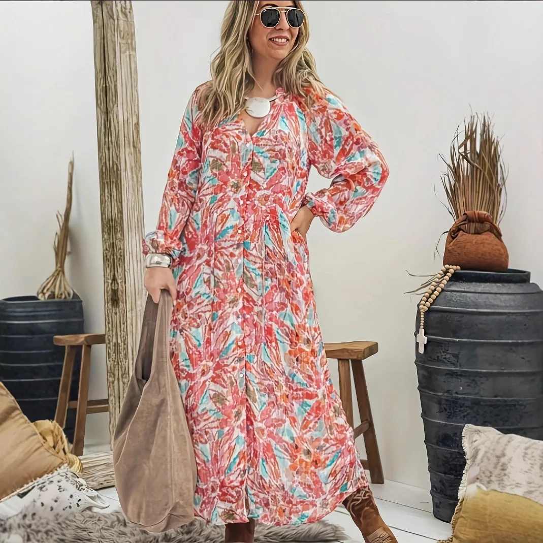 

2025 Cross-Border Bohemian Style Bell Sleeves Printed V-Neck High-Waisted Resort Dress for Women with Floral Pattern Long Dress