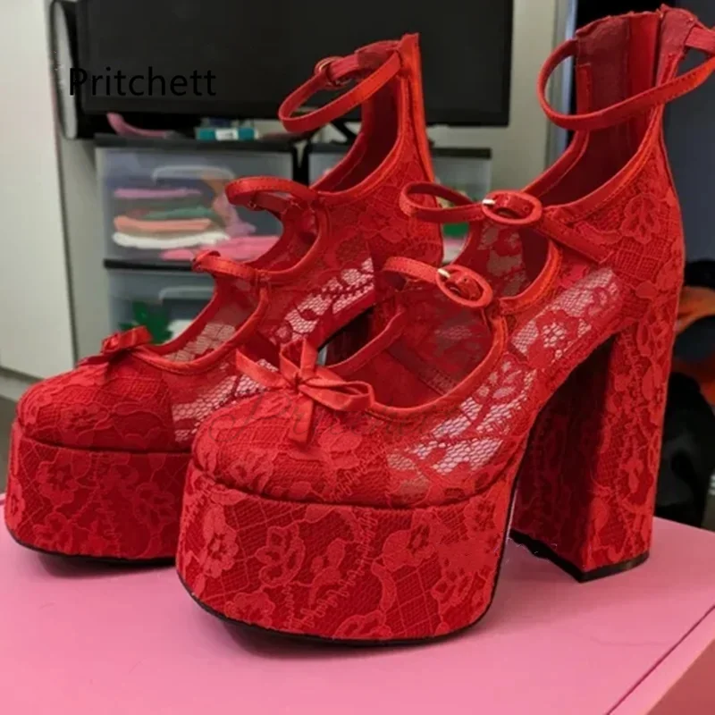 

Red Mesh Lace Platform Sandals for Women Buckle Strape Hollow Chunky High Heels Lolita Shoes Round Toe Bow Elegant Party Shoes