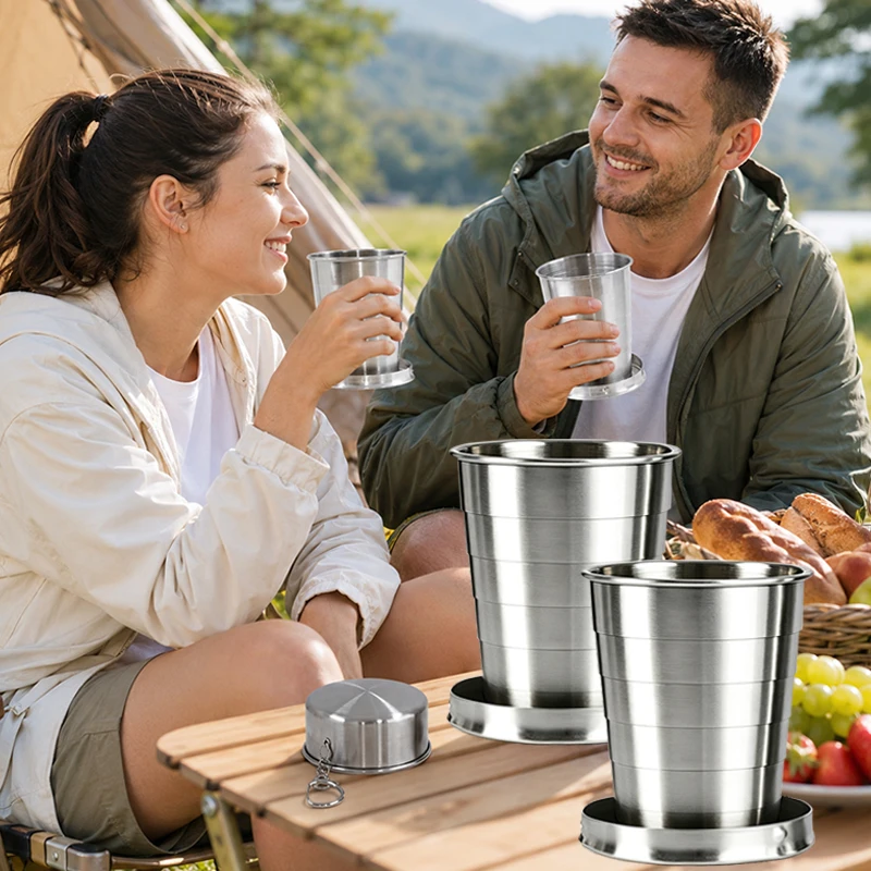 Outdoor Portable Outdoor Camping Portable Metal 70ml/150ml/250ml Stainless Steel Telescopic Cups Folding Cups Drinks Cups.