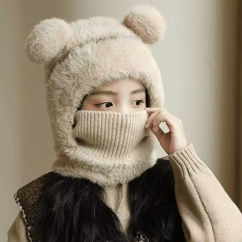 New Girl's Warm Knitted Hat Boy's Autumn and Winter Scarf Beanies Integrated Hooded Windproof Ear Protection Warm Pullover Hat