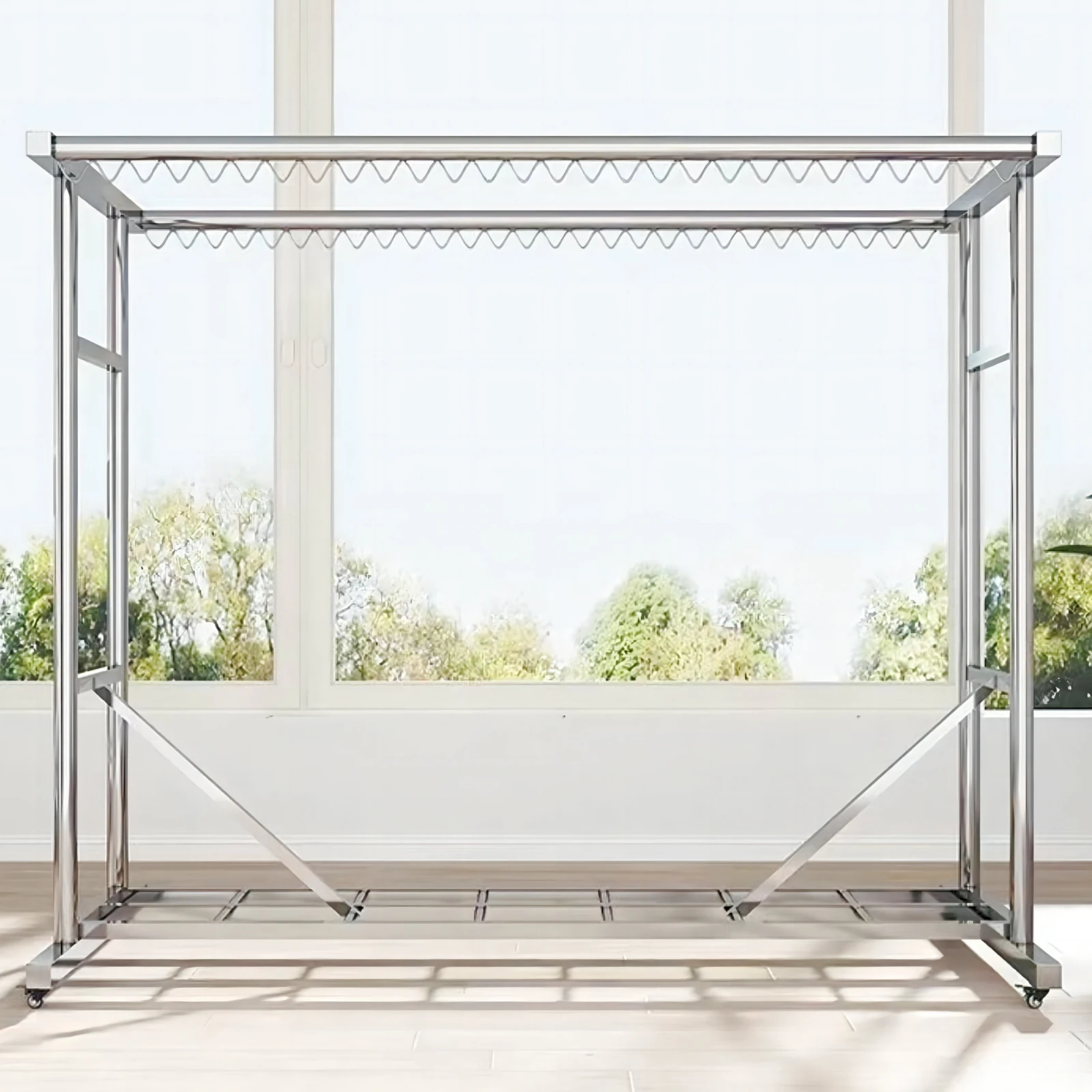 

Clothes Drying Rack Stainless Steel Heavy-Duty Indoor Floor 180*53*150cm 1.5M Laundry Drying Rack Space Saving With 4 Casters