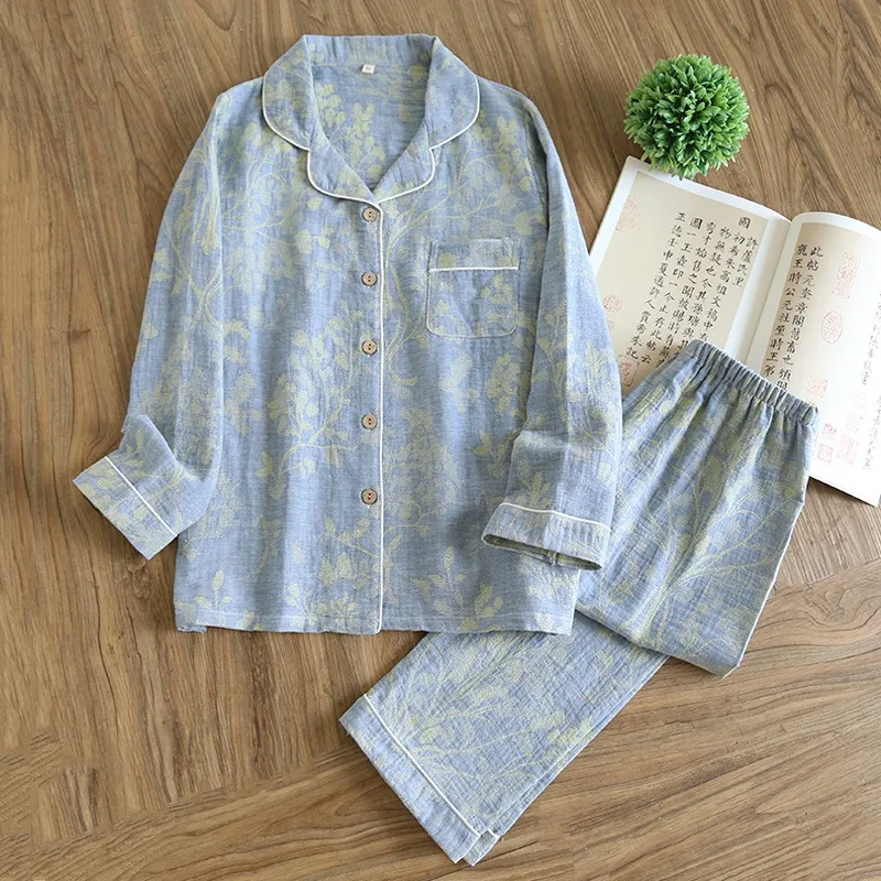 

2025 Spring and Autumn Women's Pajama Set 100% Cotton Gauze Retro Color Knitted Long Sleeve Two Piece Set Large Home Clothes