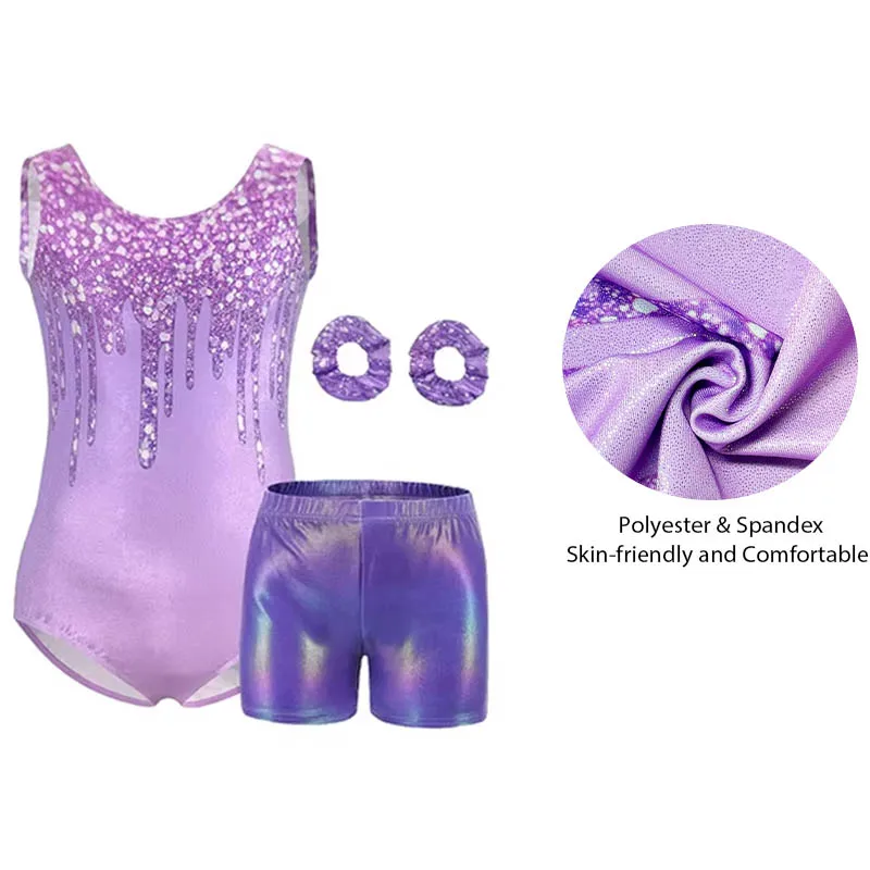 Girls Gymnastics Leotards Kids Sparkly One Piece Tumbling Outfits with Shorts Hairband for Gymnastics Practice