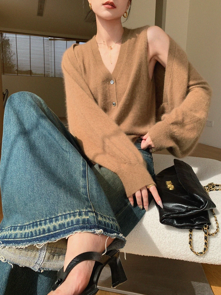 

JWUNIQUE Brown Two-Piece Knitted Set for Women Autumn Winter Svel Vest Top V-Ne Long Sve Regular Fit Color