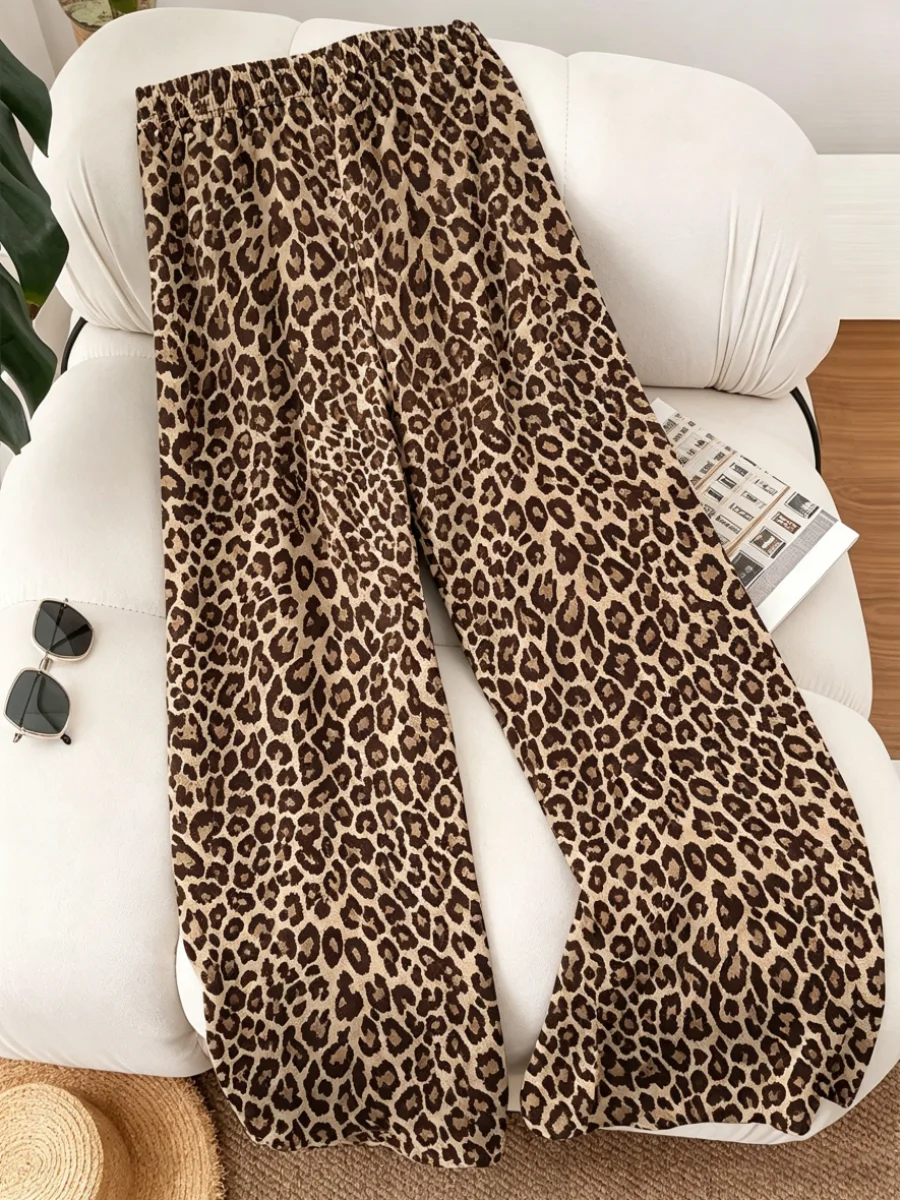 

Ladies Leopard wide-leg pants with high waist, high elasticity and breathability, leisure travel in summer and daily home wear.