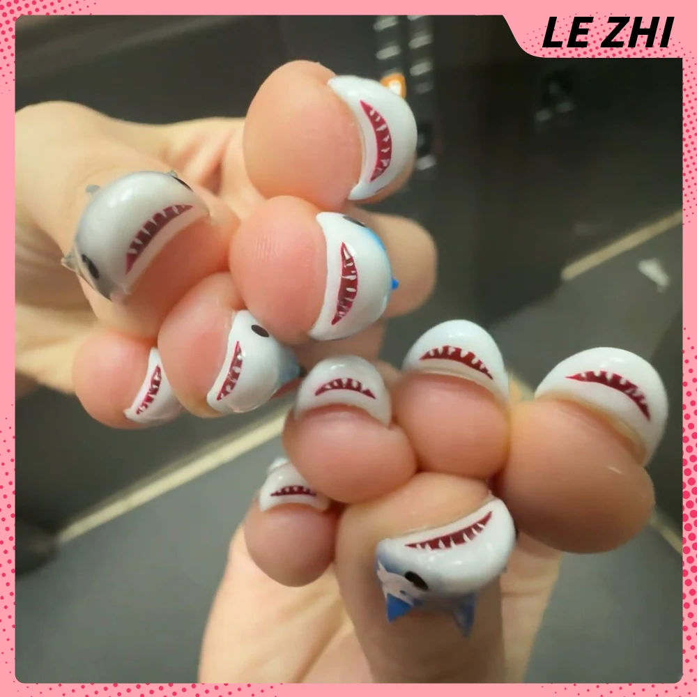 

10Pcs Cute Animal Shark Head Handmade Detachable Press On Nails Teeth Blue Gradients Design Full Cover Fake Nails Gril Gift
