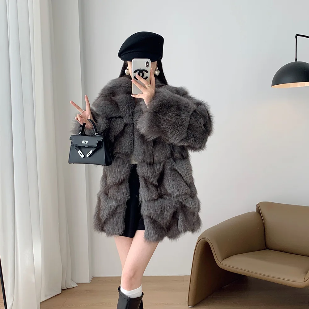 (Fox Beauty) Nuovo cappotto in erba di pelliccia di volpe da donna, taglia media a lunga, pelliccia integrata, stile giovane, cappotto versatile e snellente