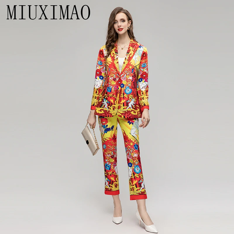 MIUXIMAO 2023 Fall Luxury Diamond  Sicily Elegant Suit Heart Angel Flower Prints Top+ Slim Pant Fashion Two-piece Set Women Suit