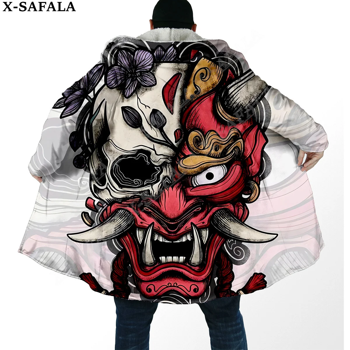 Japanese Samurai Oni Mask Tattoo Warrior Overcoat Coat 3D Print Thick Warm Hooded Cloak  Men Windproof Fleece Unisex-15