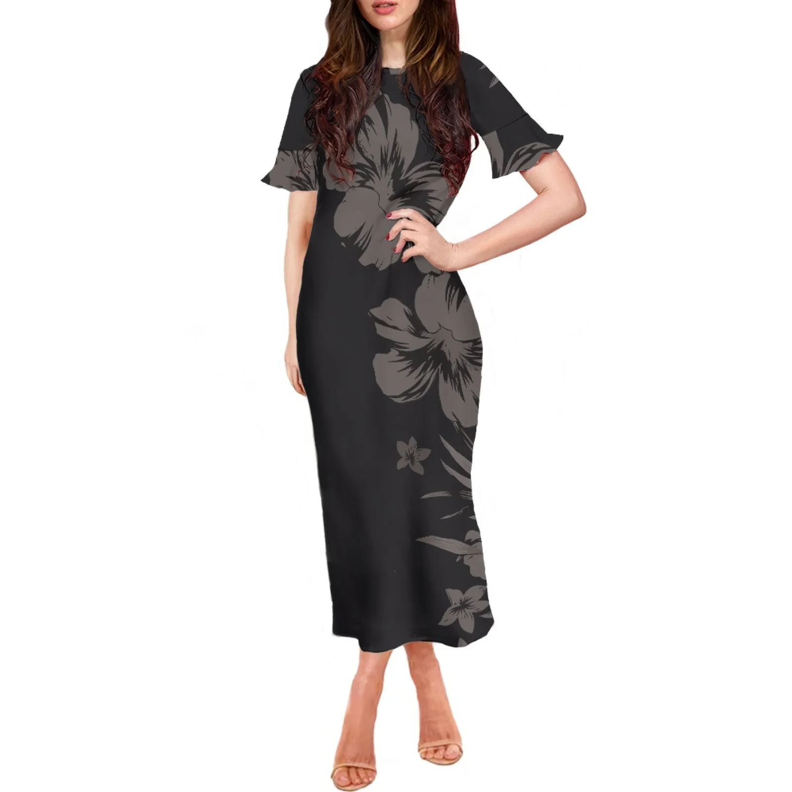 

2023 Fashion Long Dress Fashion Design Sexy Women Floral Printed Maxi Dress Hawaii Polynesian Tribal Print Short Sleeve Clothing