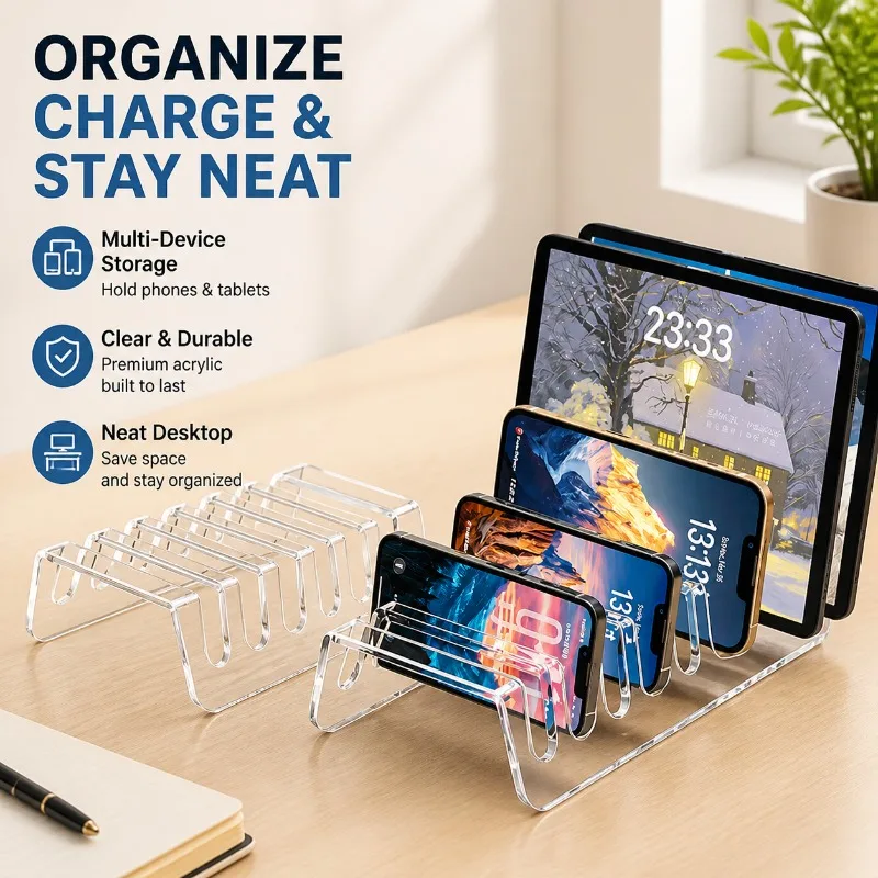 Multi-grid Transparent Acrylic Phone Storage Box Desktop Bracket Multi-device Charging Holder Tablet Placement Rack Household