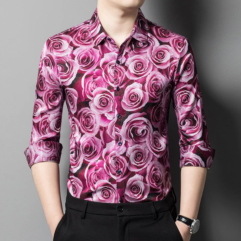 Designer Leisure Shirts For Men Long Sleeve Rose Digital Print Autumn Quality Skin-Friendly Silky Smooth Lapel Camisas De Hombre