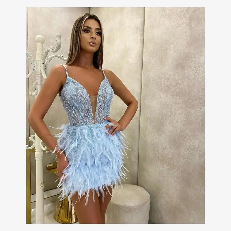 

Сексуальное короткое вечернее платье с перьями для женщин, без рукавов, с завышенной талией, для караоке-клуба, однотонное, из других материалов, 00%