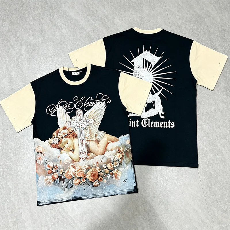 New ELEMENTS Short Sleeve Tee Retro Sleeping Angel Rose Graphic Oversized Casual T‑Shirt