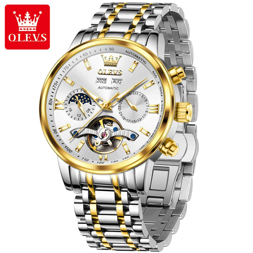 OLEVS 6740 New Automatic Watches for Man Moon Phase Man Watch Fashion Skeleton Flywheel Luxury Business Mechanical Men's Watches