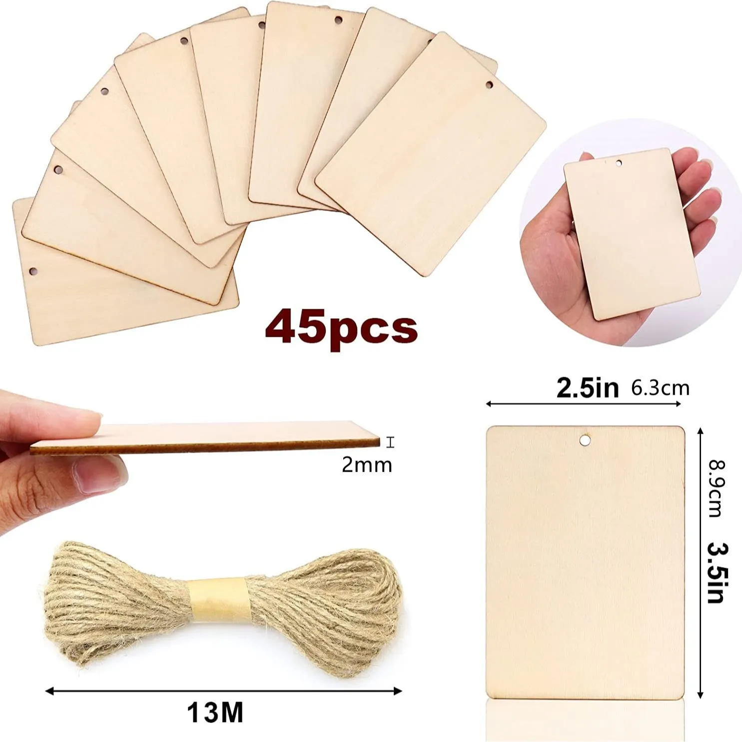 45 قطعة/المجموعة/مجموعة مستطيلات خشبية غير مكتملة مع زوايا مستديرة علامات خشبية علامة مرجعية حبل القنب لعائلة اللوحة اليدوية ذاتية الصنع #2