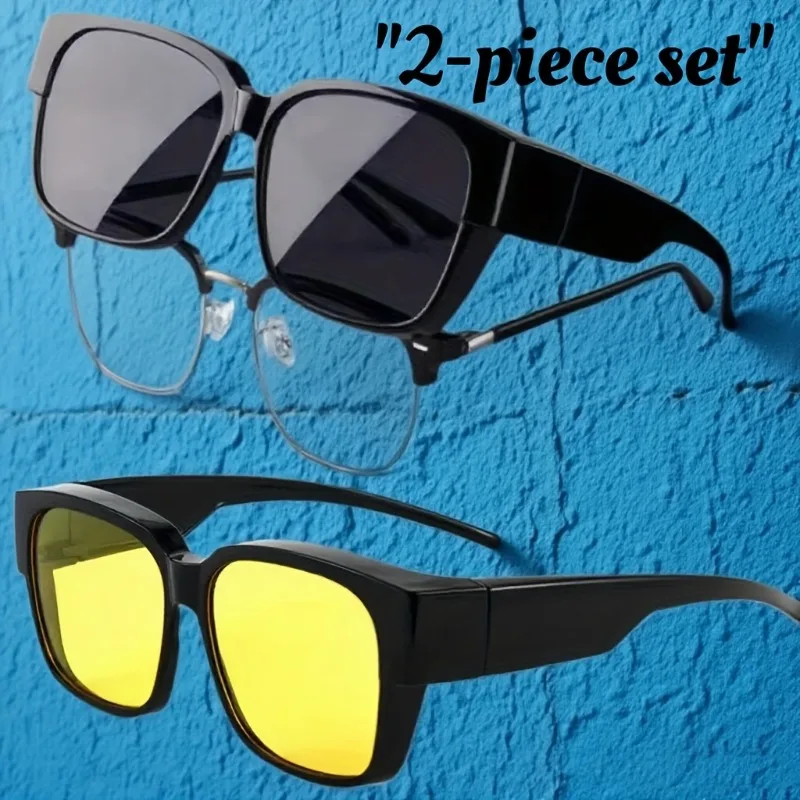 2 Stück trendige Sonnenbrillen, die über anderen Brillen getragen werden können, Sonnenbrillen zum Fahren und Reiten, Wrap-Around-Fit-Over-Sonnenbrillen, quadratische Sonnenbrillen