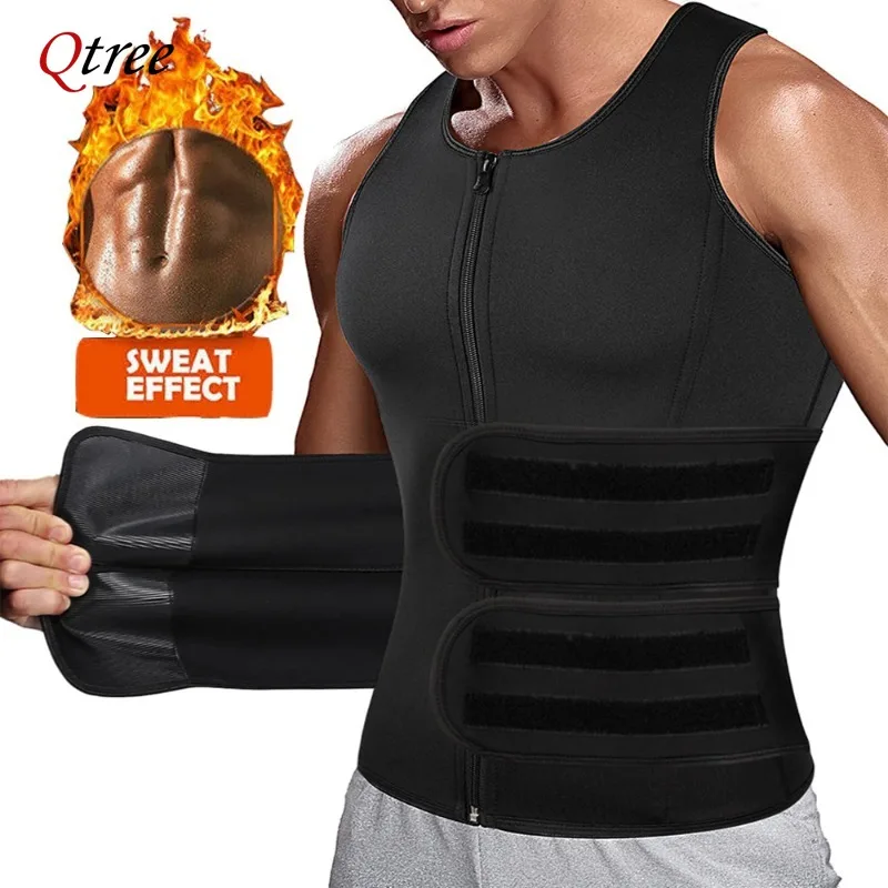 Qtree Neoprene Body Shaper Vest Men Slimming Gym Exercise Fitness Sweat Waist Trainer Corset Workout Zipper Sauna Weight Loss