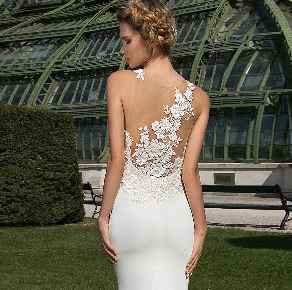 Aangepaste Boho witte Jersey trouwjurk elegante O-hals mouwloos Robe de mariée zachte zeemeermin rechter trein vestido de novia