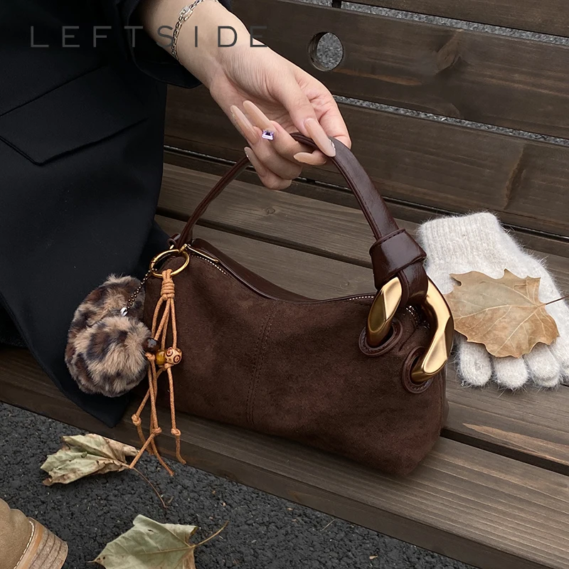 

LEFTSIDE Women Small PU Suede Shoulder Bag 2025 Winter Simple Short Handle Crossbody Bag Luxury Designer Handbags and Purses