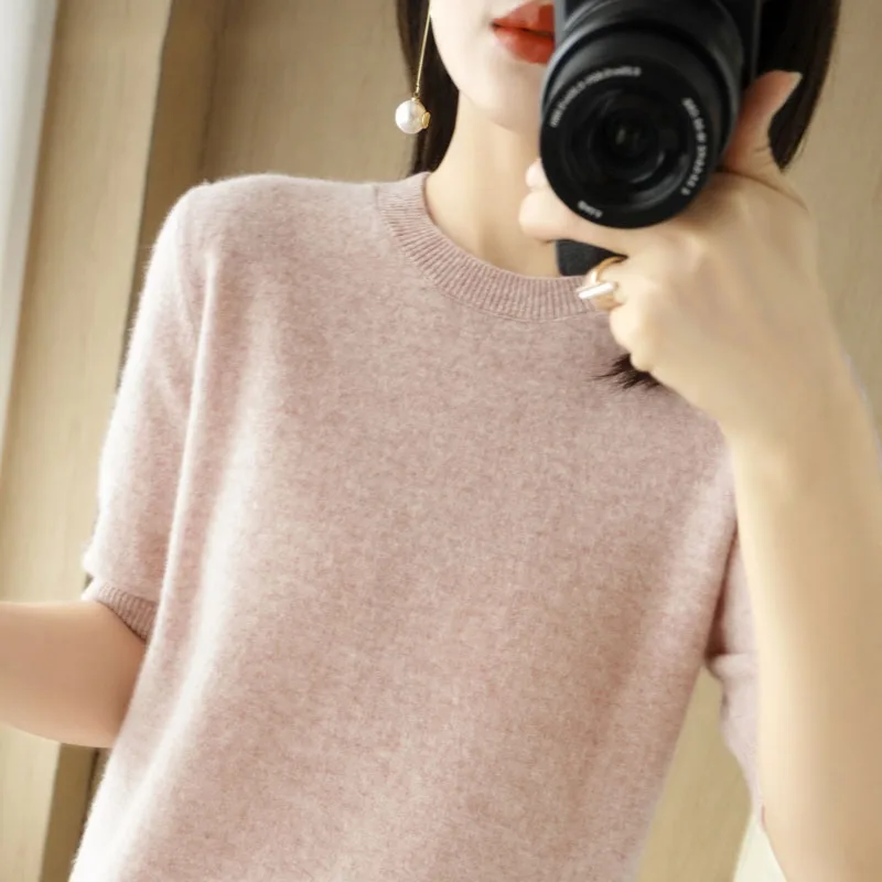 Wiosna Lato Sweter Damski 2023, Krótki Rękaw O-neck Slim Fit Dzianinowe Pulowery Dół Casual Dzianina Zielony Różowy Ubrania