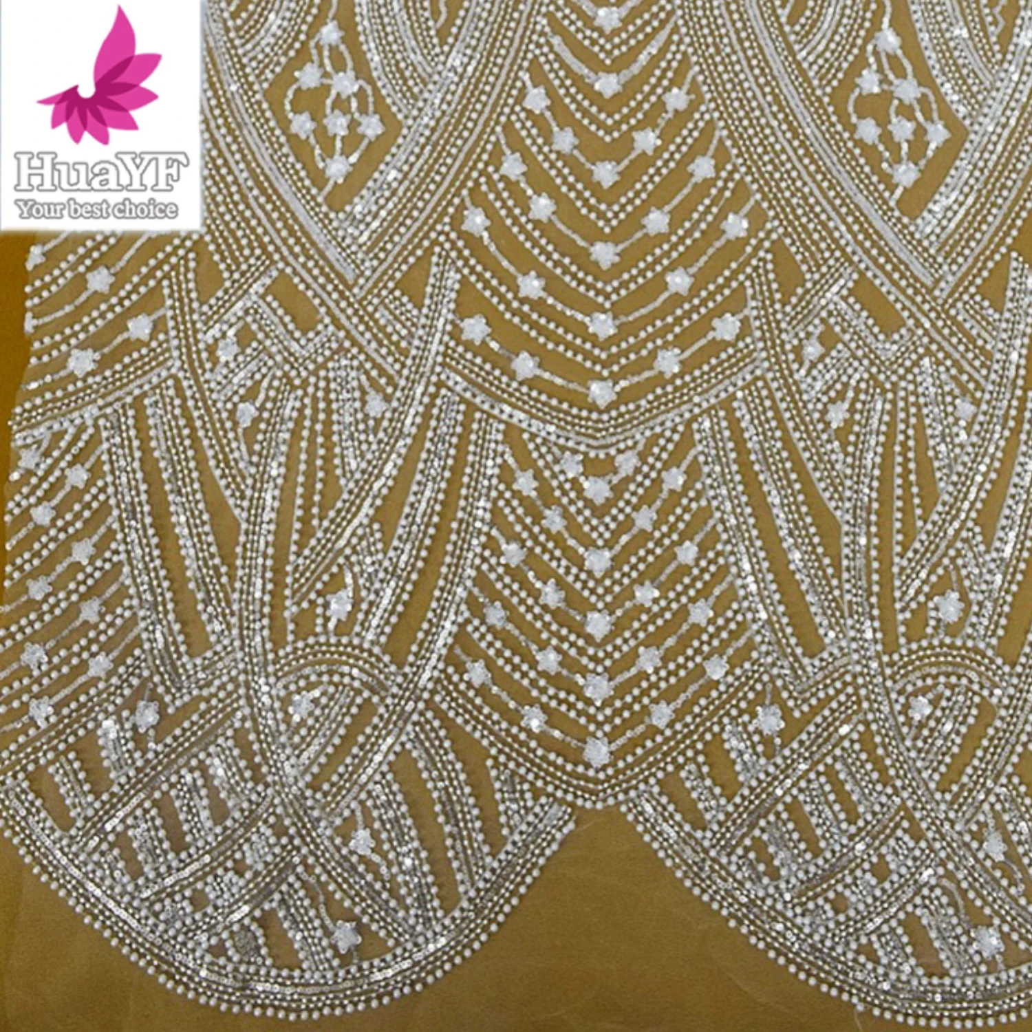 Hot Selling Style Silver White Beads Lace Embroidery sequin wedding Dress Fabric Mesh for Women 5 Yards HY2083-2