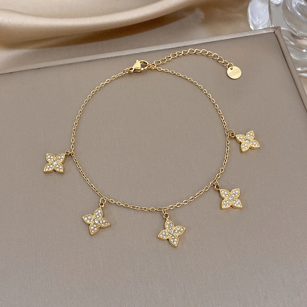 Freetry Elegant Waterproof Golden Stainless Steel Bracelet for Women Inlaid Zircon Flower Charm Bracelet Daily Lady Jewelry Gift