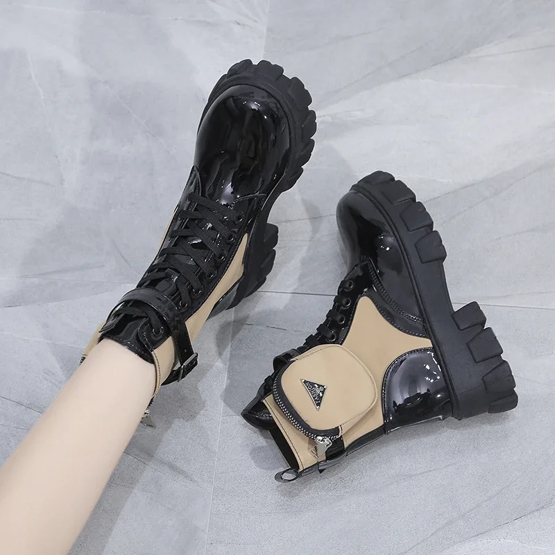 Women Boots New in Motorcycle Ankle Boots Wedges Female Lace Up Platforms White Black Leather Oxford Shoes Women Boots Mujer Bag