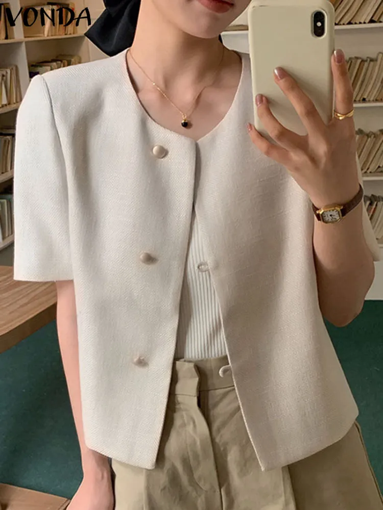 

VONDA Women Blazer 2023 Summer Short Sleeve Coats Elegant Round Neck Fashion Casual Solid Color Buttons Thin Coats Loose Outwear