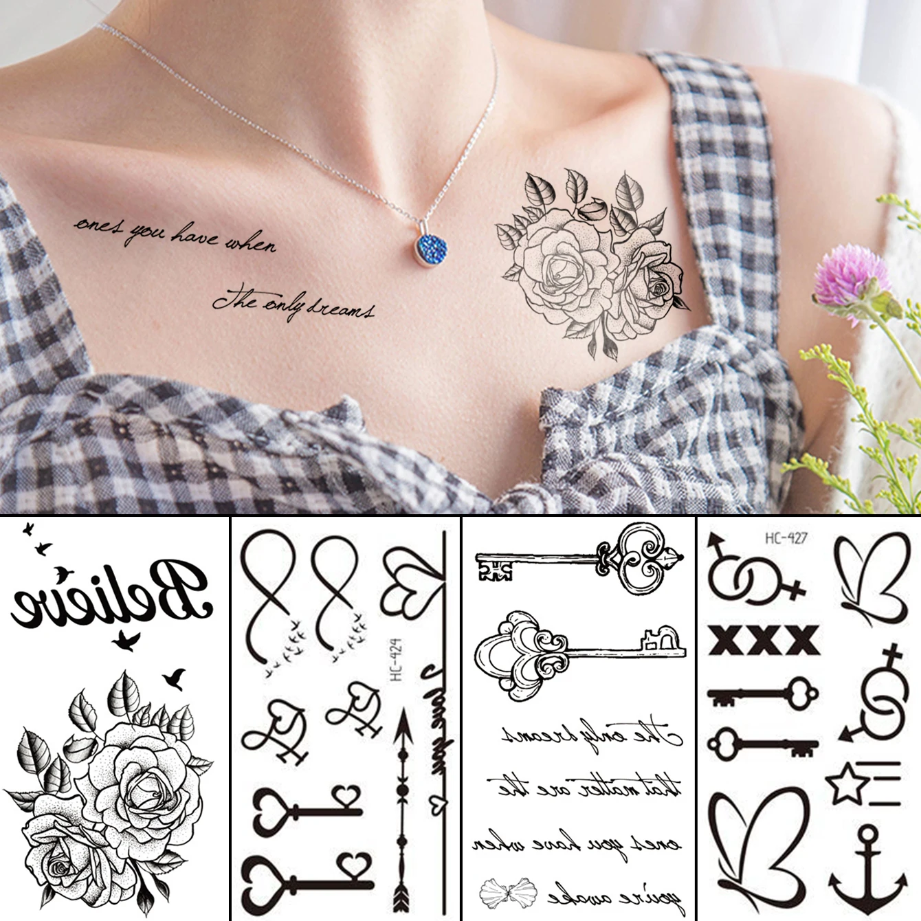 4pcs Waterproof Temporary Tattoo Sticker Fresh Flower Key Arrow Love wing Letter Fake Tatto Flash Tatoo for Women Men