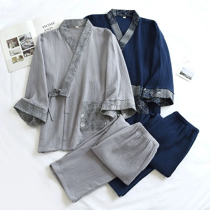 

2025japanese style loose casual kimono pure cotton pajamas men's spring autumn home wear cross collar top long pants pajamas set