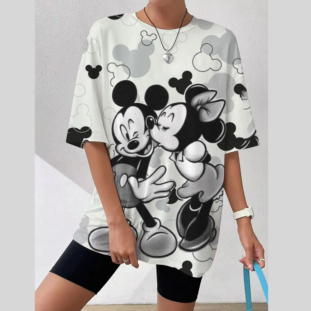 تي شيرت نسائي ديزني ميكي ماوس ثلاثية الأبعاد طباعة جديدة الخامس الرقبة قصيرة الأكمام الصيف ملابس نسائية غير رسمية Harajuku Y2K الهيب هوب الملبس