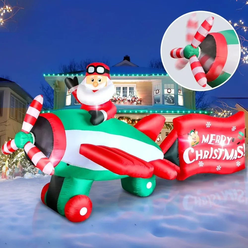 10.5 FT Christmas Inflatables Santa Claus on Animated Helicopter, Giant Blow Up Santa Flying Airplane, Built-in Light Inflatable