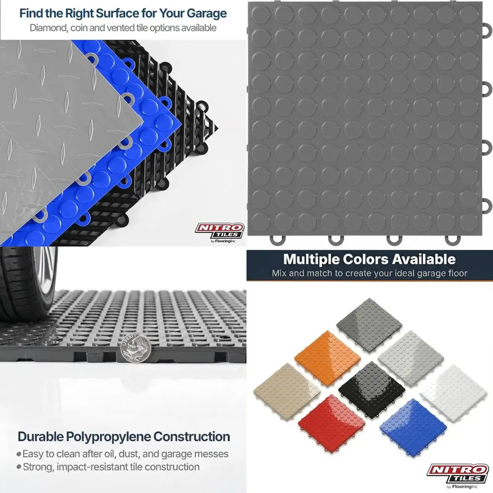 

Напольные плитки для гаража 12x12 дюймов, усиленные, с монетным узором, из полипропилена, нескользящие, графитовые, 12 плиток, 12 кв. футов