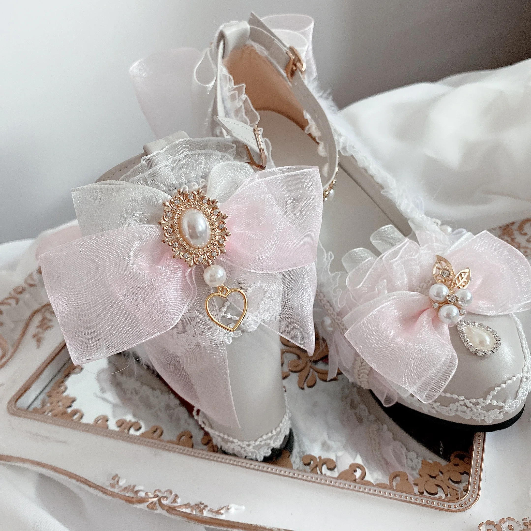 Girl Heart Lolita Handmade Blue/pink Thick Heels Lo Shoes Bridal Sweet/versatile Heavenly Kingdom Girl Tea Party High Heels