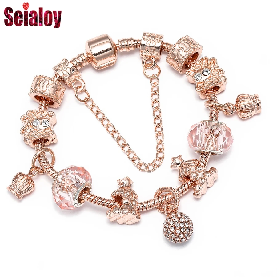 Seialoy Rose Gold Color Crystal Butterfly Beaded Pavé Ball Crown Charm Bracelets For Women Original Christmas Bracelet