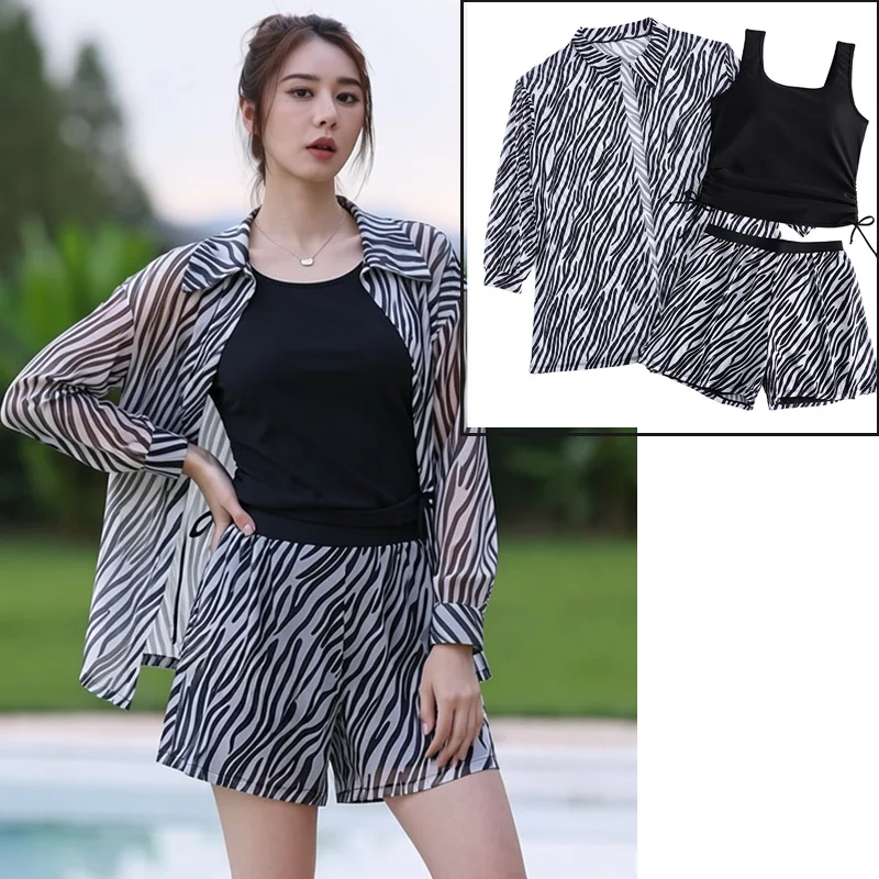 

Комплект из 3 предметов: женский купальник и пляжная накидка с узором зебра, летнее пляжное платье с длинным рукавом, солнцезащитный костюм, рашгард