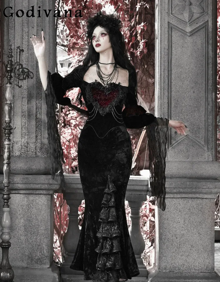 

Y2K Subculture Japanese Original Gothic Velvet Tube Dress Christmas Winter Thick Sweet Cool Girl Mermaid Dress