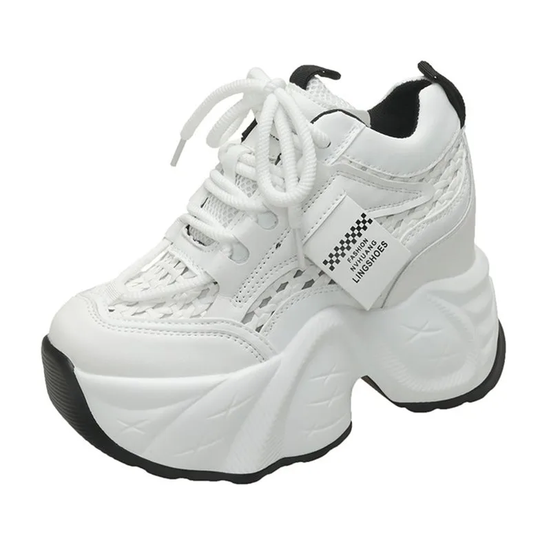 جديد 2025 ماركة مكتنزة أحذية رياضية من الجلد أحذية مفلكنة غير رسمية امرأة عالية منصة تنفس نسج أحذية رياضية 10 سنتيمتر الرياضة أبي حذاء
