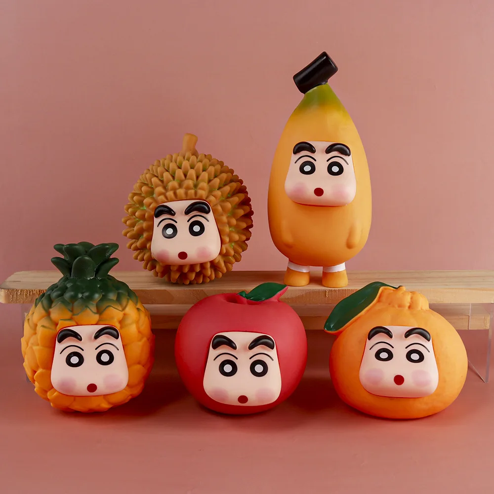 8cm Anime Crayon Shin-chan Apple Orange Nohara Shinnosuke Fruit Series Action Figures PVC GK Model Collectible Hobby Toys Gifts