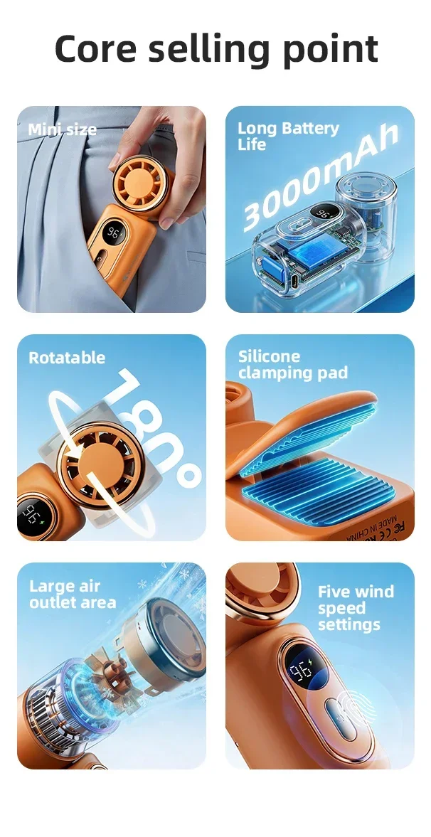 Tragbarer Mini-Ventilator, kleiner Handventilator, 5 Geschwindigkeiten, 3000 mAh, USB wiederaufladbar, LED-Anzeige, 180° ° Drehbare Clip-Kühlventilatoren – Detail 3