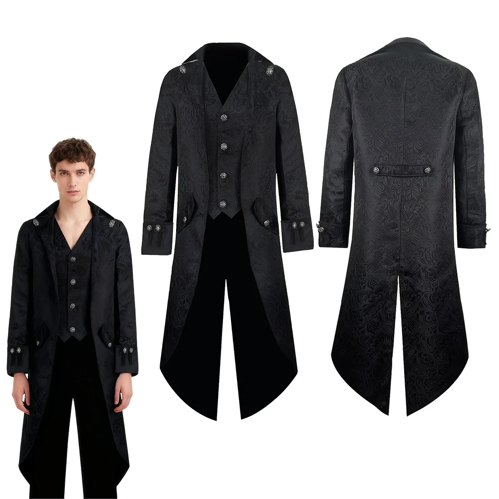 レトロメンズタキシードコート黒制服中世ロングジャケットパンクゴシック騎士ウインドブレーカーハロウィンコスプレ衣装コート