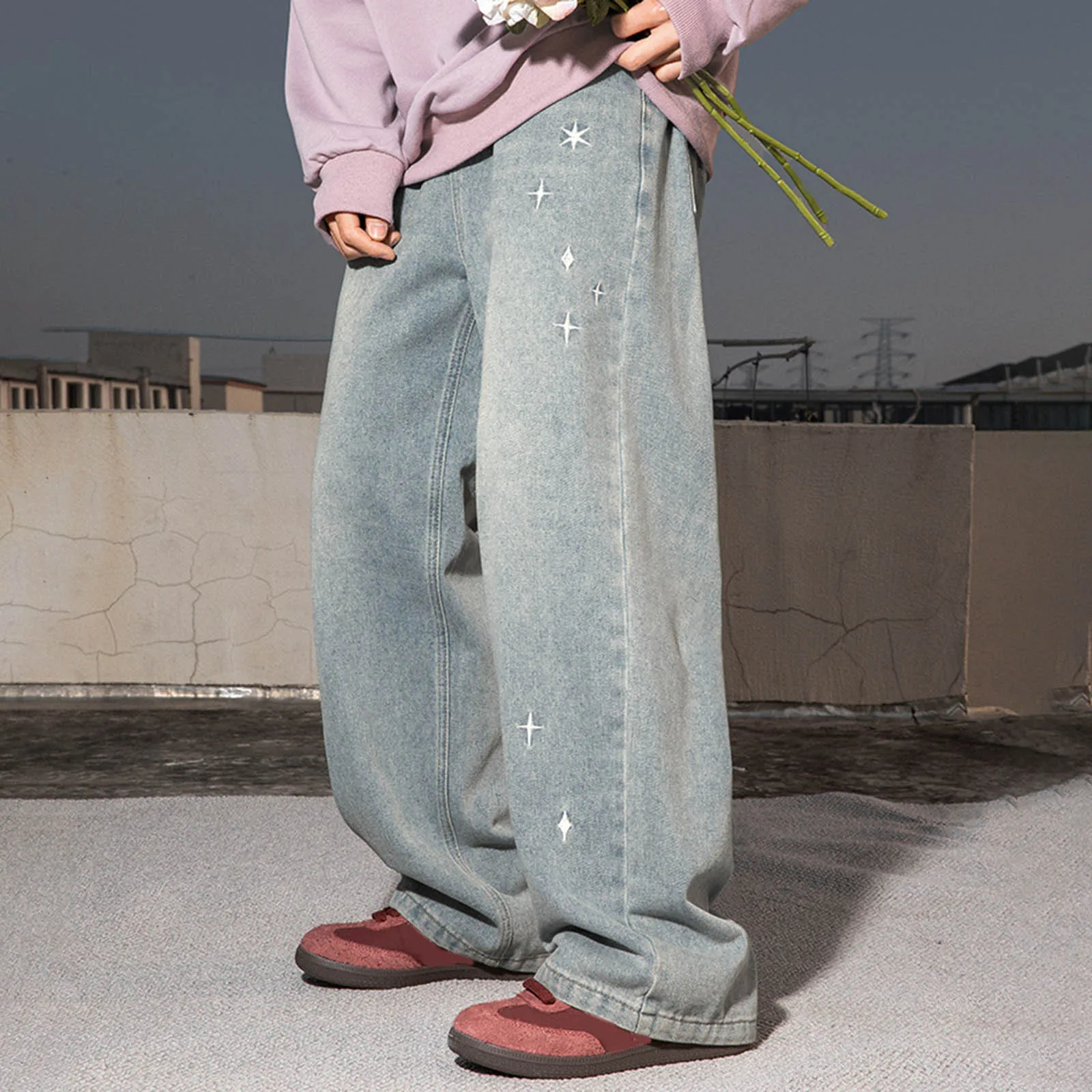 韓国の人気の服 Y2k オールドウォッシュだぶだぶのジーンズ男性の 2000 年代カジュアルゴシックワイドパンツ半弾性テクスチャ刺繍デニムパンツ