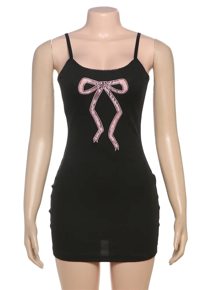 2025พิมพ์ชุดโบว์ผู้หญิงY2Kคอต่ําBacklessแขนกุดผอมสูงElegant Midnight Hottie Party Simple Mini Bodycon