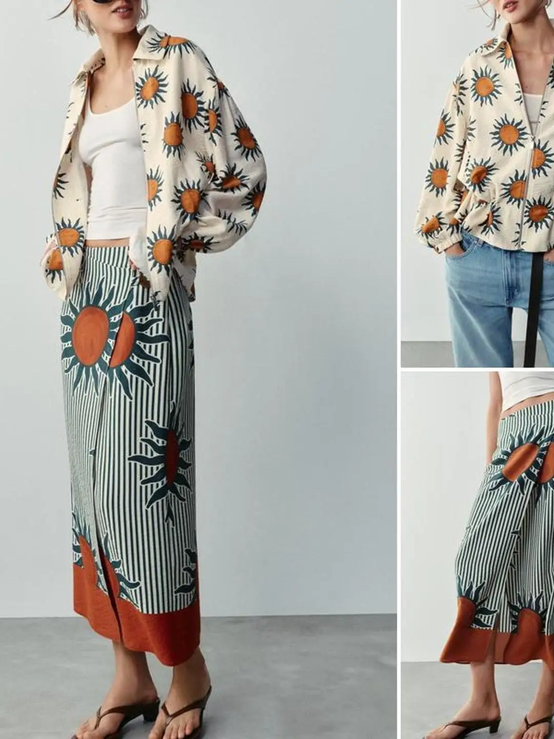 Casual Style Pilot Jacket Outerwear Holiday Print Midi Skirt Standard Fit Polyester Fiber Women's Autumn Season Button Detail