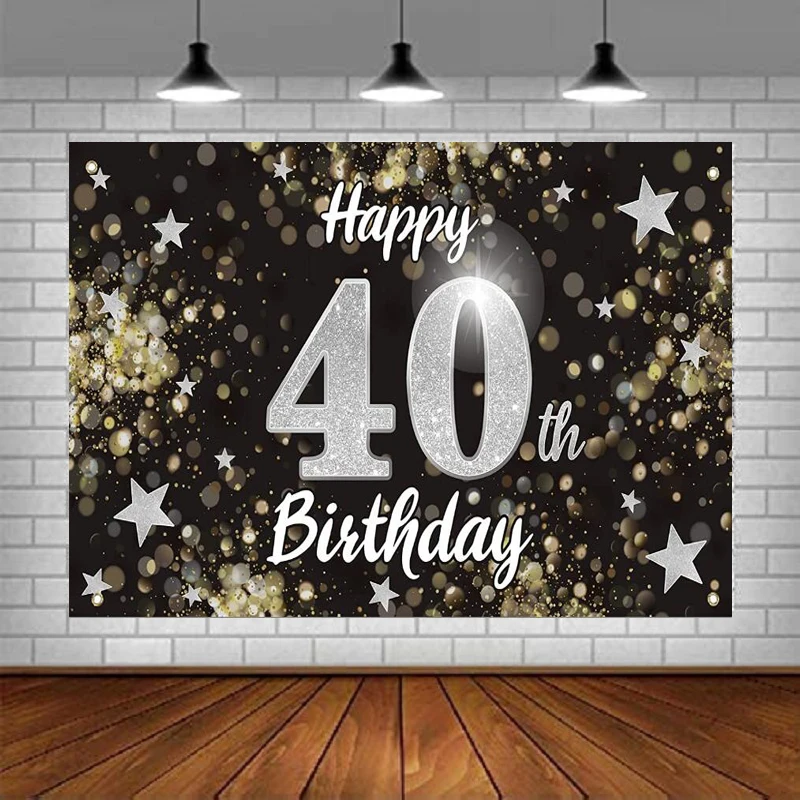 Photography Backdrop Black Silver Star Banner Men And Women Cheers To 40th Birthday Party Room Decor Background Poster