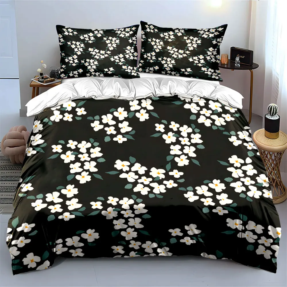 White flowers on black background Print Bedding Set 1 Duvet Cover 2 Pillowcases for Adult and Children Luxury Gift Full Size